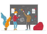 People collaborating in front of a white board